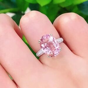 Pink Oval Morganite Halo Ring in Silver Tone